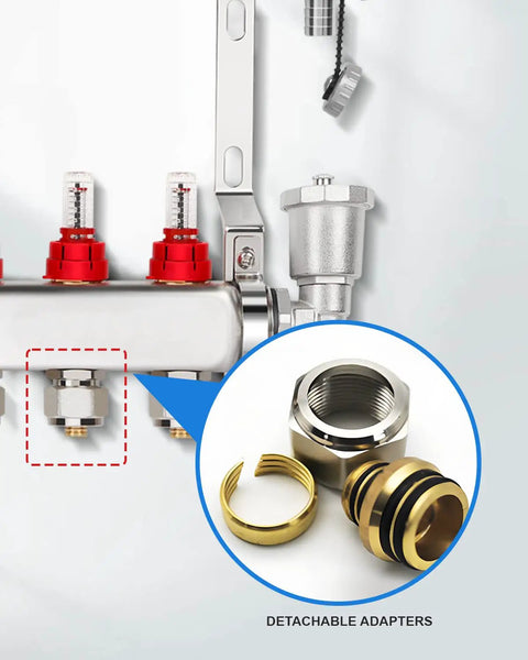 Detail of the Six Loop Radiant Floor Heating Manifold with detachable adapters in 304 stainless steel, corrosion resistant design.