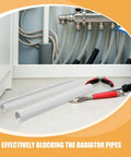 Four Piece Radiator Pipe Covers 15x300mm White Insulated Sleeve installation next to plumbing with tools