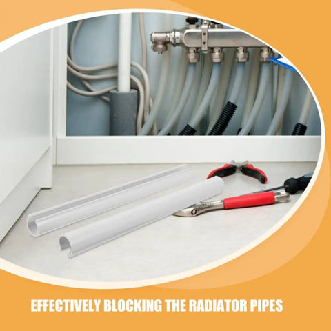 Four Piece Radiator Pipe Covers 15x300mm White Insulated Sleeve installation next to plumbing with tools