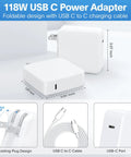 Hella Fast 118W USB C Fast Charger For MacBook Pro And Air with foldable plug and USB C to C charging cable.