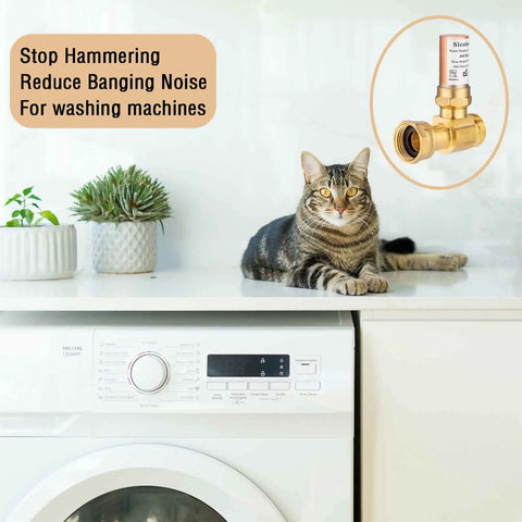 Water Hammer Arrestor For Washing Machine Three Quarter Inch Thread Copper Chamber Brass Body shown with washing machine and cat