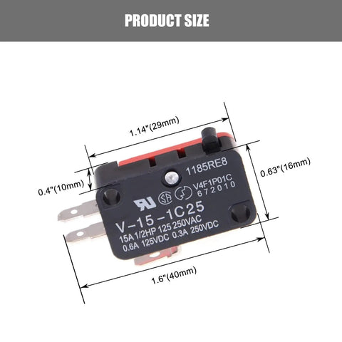 Cherry Micro Limit Switch SPDT Snap Action Button For Microwave Door And Arcade Projects 125V 250V 15A V-15-1C25 Heavy Duty Push Button Switch Durable size diagram, 40mm x 16mm