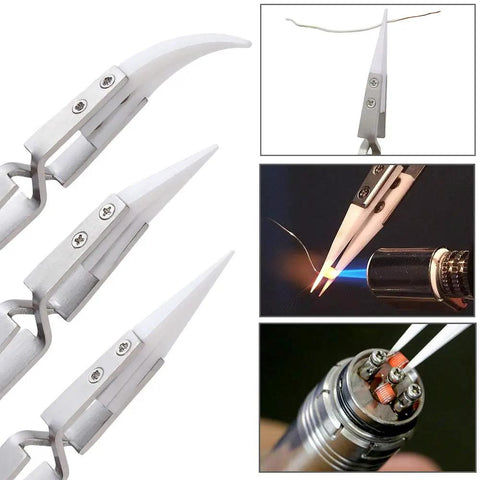 Precision Ceramic Tweezers Set With Pointed And Curved Tips Non Conductive And Heat Resistant Anti Magnetic Reverse Self Closing Design For Pinching Coils On RDA And RTA Builds in use.