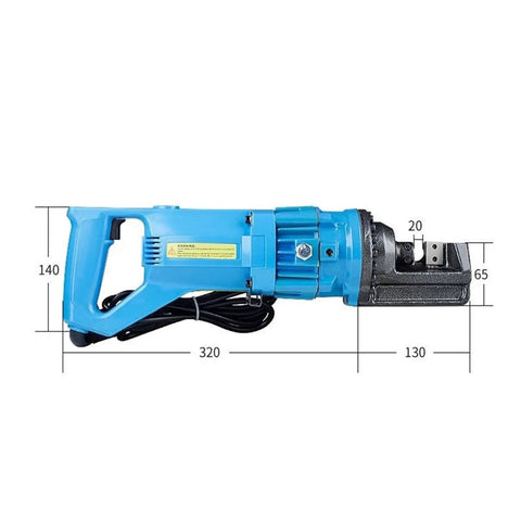 AOXHUGB Electric Hydraulic Rebar Cutter RC-16 side view with measurements, designed for cutting 4-16mm steel bars, portable power tool.