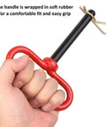 Three Eighths Inch Trailer Hitch Pin And Clip With Red Handle, Beefed Up Four Inch Length, shown with red ergonomic grip