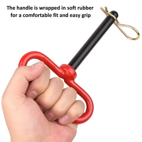 Built Tough Heavy Duty Trailer Hitch Pin With Vibrant Red Handle And Secure Safety Clip Precision Clevis Towing Pin in hand