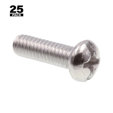 Premium Round Head Machine Screws With Slotted Phillips Combo Drive Size Twelve Twenty Four By Three Quarter Inches Grade Eighteen Eight Stainless Steel Twenty Five Pack showing a single screw.
