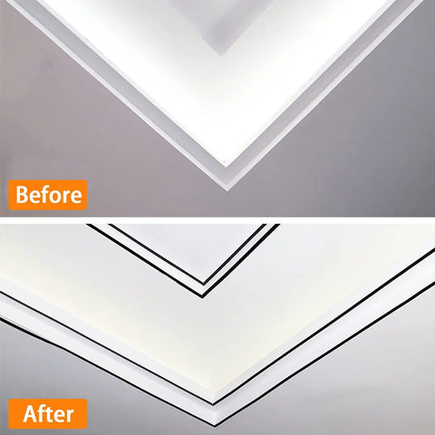 Before and after installation of Slick Self Adhering Stainless Steel Black Metalized Wall Trim Molding With Mirror Like Finish on ceiling