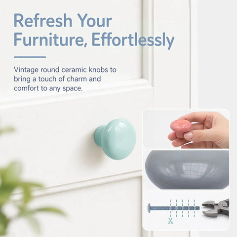 Upgrade Your Cabinets With This Sweet Set Of Sixteen Coral Pink Ceramic Cabinet Knobs Featuring Smooth Round Profiles No Sweat Installation And Top Shelf Hardware, featuring a light blue knob on a drawer.