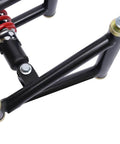 Close-up of front suspension shock swing arm kit for ATV quad go kart, featuring 220mm upper and lower steering knuckle spindle replacement.