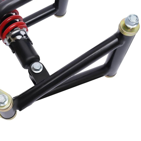 Close-up of Front Suspension Swingarm Assembly Upgrade Kit with shocks and swingarms for DIY ATV Quad Bike Buggy Go Kart Parts.