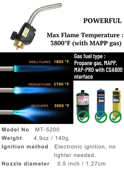 MAP Gas Propane Torch Head With CGA600 Connection, Adjustable Flame, Self Ignition, shown with temperature settings and fuel type.