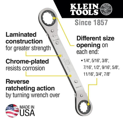 Reversible Ratcheting Box Wrench Set, 5 Piece, Made in USA, Black, chrome-plated with laminated strength and different size openings.