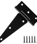 Six Inch T Strap Shed Door Hinges Heavy Duty 2 Pack With 270 Degree Rotation, black matte finish with screws shown.