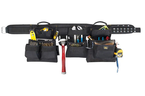 Workhorse Pro Carpenters Tool Belt With 18 Pockets, Removable Compartments, Interchangeable Sleeves, Black Leather, Tools Shown