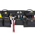 Pro Carpenter Tool Belt Set With 18 Pockets And 5 Piece XL Apron, Heavy Duty Ballistic Poly Fabric, tools shown, black color