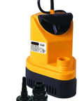 Utility And Sump Pump 1585X Gold Series Half HP Submersible Water Pump for Home, durable yellow casing, accessories shown