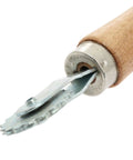 Close-up of the Spur Wire Embedder Tool For Beehives Beekeeping Gear To Secure Foundation Wax In Hive Frames with wood handle.