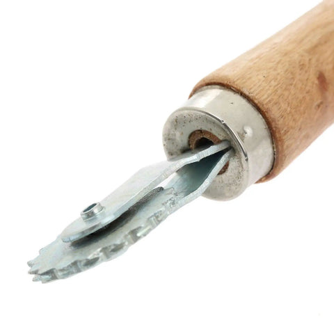 Close-up of the Spur Wire Embedder Tool For Beehives Beekeeping Gear To Secure Foundation Wax In Hive Frames with wood handle.