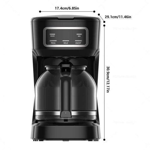 Sleek Black 12 Cup Programmable Drip Coffee Maker With Bold Brew Control Auto Timer Programmable Led Display And Heat Resistant Glass Carafe front view