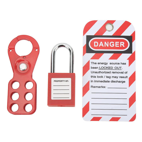 Lockout Tagout Kit With Non Conductive Padlock And 6 Hole Steel Hasp Tamper Proof For Industrial Equipment Maintenance Work 1 Inch Shackle Safe, Crew Friendly Lockout Solution, showing padlock, hasp, and safety tag.