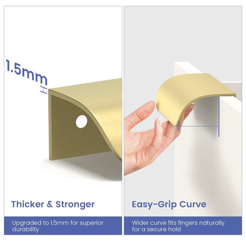 Close-up of gold 3 inch drawer pull showing 1.5mm thickness and easy-grip curve for 20 Pack 3 Inch Gold Cabinet Handles And Drawer Pulls Finger Pulls For Cabinets Edge Pulls And Flat Drawer Handles Kitchen Hardware Heavy Duty 1.5mm Thick Build No Fuss Installation With Phillips Screwdriver.