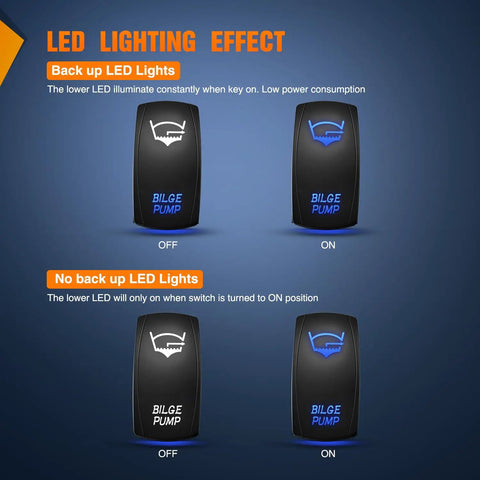 Blue 5 Pin On Off Rocker Switch For Bilge Pump And Led Light Bar SPST 20A/12V 10A/24V with LED lighting effects in off/on states