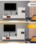 Before and after installation of the Open Slot Cable Raceway Kit for under desk cable management with upgraded snap structure in black.