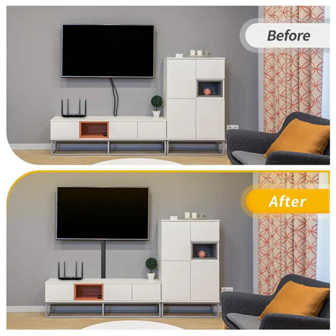 Before and after installation of the Open Slot Cable Raceway Kit for under desk cable management with upgraded snap structure in black.