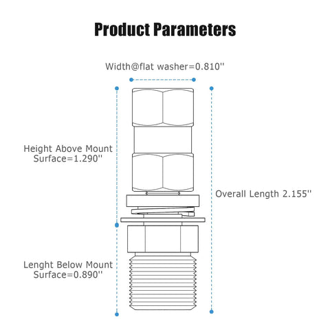 Diagram of Heavy Duty CB Antenna Stud Mount Adapter Copper Nickel Plated With SO239 Connector dimensions and measurements.