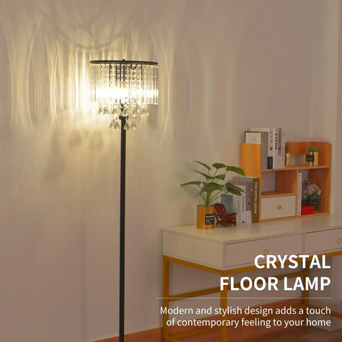 Crystal Floor Lamp With Foot Pedal Dope Modern Standing Light for Living Room Bedroom and Office Black Tall Pole Indoor 3 Light Fixture