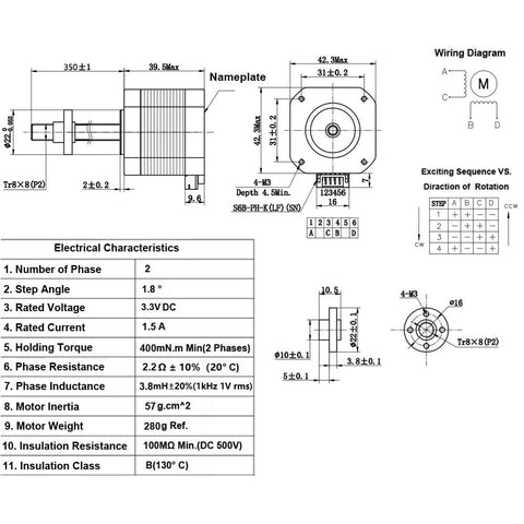 Technical diagram of NEMA 17 stepper motor with lead screw, including dimensions and electrical characteristics for 3D printers and CNC machines.