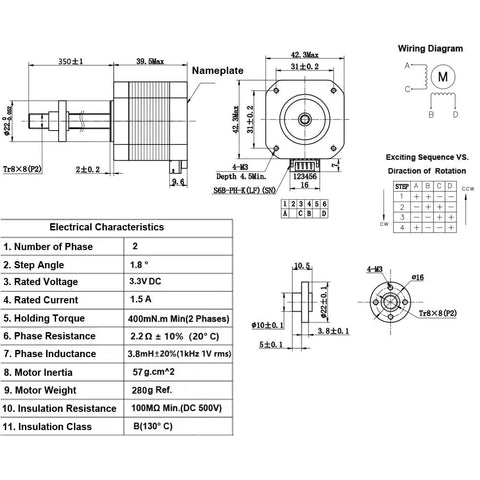 Rock Solid Nema 17 Stepper Motor With T8X8 Lead Screw Linear Actuator For Z Axis Cnc Upgrades dimensions and electrical specs diagram.