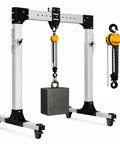 Straight Up Adjustable Aluminum Gantry Crane Kit With Manual Chain Hoist For Heavy Lifting Gear Moves and Quick Engine Swaps. Mobile unit with weight attached.
