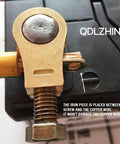 Close-up of Beefy Copper Battery Terminal Connectors Kit With Positive And Negative Cable Clips For Car Truck Van Or Boat Maximized Conductivity Easy Install Durable Build All Weather Performance 1 Pair showing copper connector against black surface