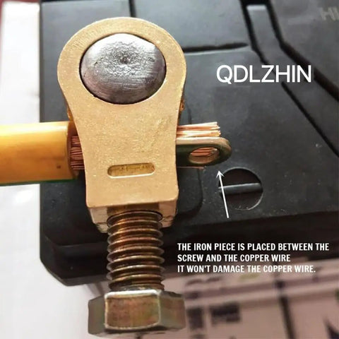 Close-up of Beefy Copper Battery Terminal Connectors Kit With Positive And Negative Cable Clips For Car Truck Van Or Boat Maximized Conductivity Easy Install Durable Build All Weather Performance 1 Pair showing copper connector against black surface