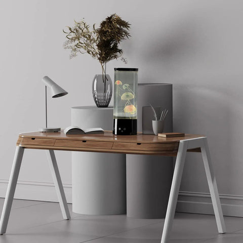 Jellyfish Lamp With 16 Color Changing Lights And Remote Control on wooden desk with decor, stylish home or office decor.
