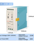 Front view of 24V DC DIN Rail Power Supply 60W With 100 240V AC Input And 2.5A Output Industrial Switching Converter for automation gear.