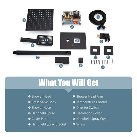 10 Inch Matte Black Rainfall Shower System items laid out, including valve, hose, handheld spray, and trim wall mount components.