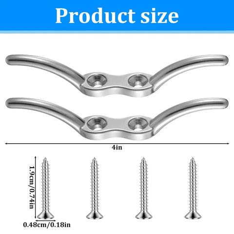 Heavy Duty 4 Inch Stainless Steel Rope Cleat With Mounting Screws For Decks Docks Boats And Kayaks Marine Hardware 316 Stainless Saltwater Ready Durable Dock Cleat For Marine Use And Nautical Decor shown with size dimensions and screws