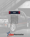 Audi car parked in garage with model compatibility list for 2008-2016 Audi A4, A5, Q5, A6, A7, A8, and USA Remote logo