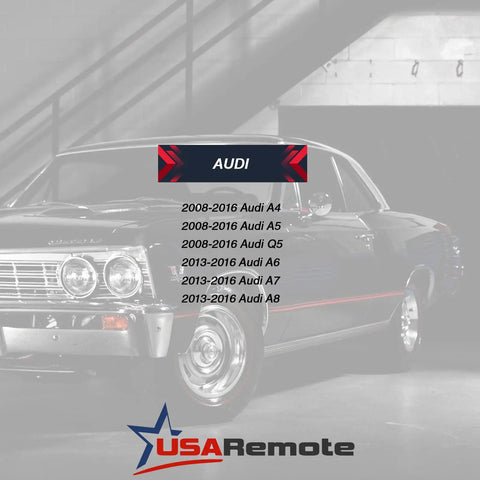 Audi car parked in garage with model compatibility list for 2008-2016 Audi A4, A5, Q5, A6, A7, A8, and USA Remote logo