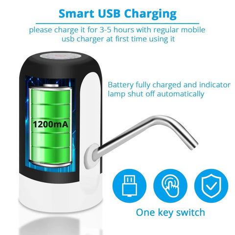 Close-up of USB-powered black 5 gallon water dispenser with pump automatic water jug dispenser for bottled water showing 1200mAh battery