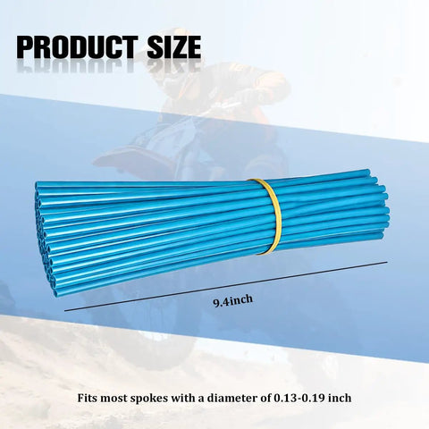 72 Pcs Dirt Bike Spoke Covers Kit With Dustproof Wheel Rim Skins Wraps Guards And Bicycle Tire Trim Decoration Protector Universal Fit Easy Install For Motorcycles Scooters And Bikes Light Blue, 72 sleeves displayed with size dimensions.
