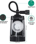 Rugged Outdoor Timer Outlet With Two Grounded Outlets 24 Hour Mechanical Dial Waterproof ETL Listed For Outdoor Lights Control