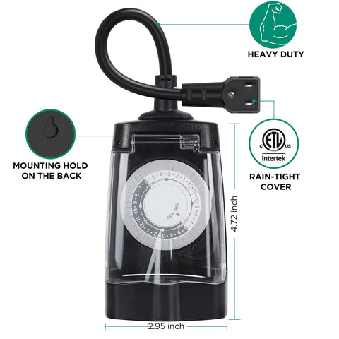 Rugged Outdoor Timer Outlet With Two Grounded Outlets 24 Hour Mechanical Dial Waterproof ETL Listed For Outdoor Lights Control