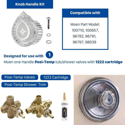 Replacement 100710 For Posi-Temp One Handle Tub And Shower Knob Handle Kit with Moen valve compatibility chart.