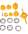 Pro Tip Ratchet Pipe Threader Kit For PVC Pipes with yellow plastic and metal dies for 20Mm, 25Mm, 32Mm tubes, efficient manual tool.