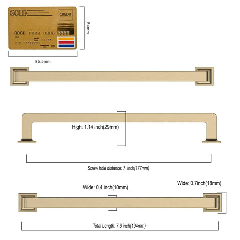 Diagram of Brushed Brass Cabinet Pulls 7 Inch Hole Centers 10 Pack Modern Kitchen Cabinet Handles with dimensions