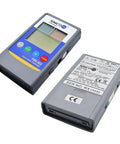Non Contact Electrostatic Field Meter For ESD Testing And Static Charge Elimination Portable Field Meter With Precise Surface Charge Readouts And Ion Balance From 0 To 200V Ideal For Labs Workshops And On The Go. handheld gray electrostatic field meter, front and back view